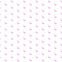 Seamless pattern, silhouette of pink flamingo with hearts