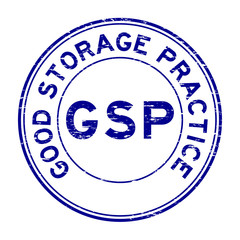 Grunge blue GSP (Good storage practice) certified round rubber seal stamp on white background
