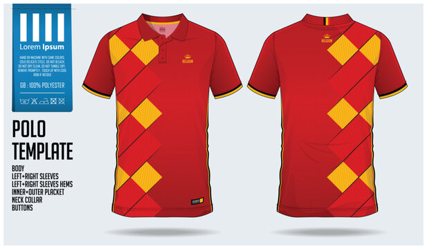 Belgium Team Polo t-shirt sport template design for soccer jersey, football kit or sportwear. Classic collar sport uniform in front view and back view. T shirt mock up for sport club. Vector 