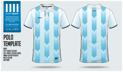 Naklejka premium Argentina Team Polo t-shirt sport template design for soccer jersey, football kit or sportwear. Classic collar sport uniform in front view and back view. T shirt mock up for sport club. Vector 