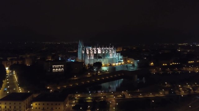 Aerial fottage of Catedral de Santa Maria de Palma de Mallorca at night