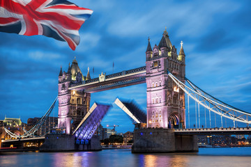 Fototapeta na wymiar Famous Tower Bridge with open gate in the evening, London, England, UK