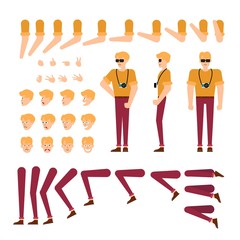 Young man creation kit - guy in t-shirt and jeans with sunglasses and camera. Isolated set of various body parts, face emotions, hand gestures of male cartoon character, flat vector illustration.
