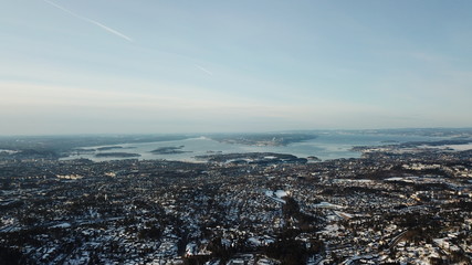 Aerial winter view of Oslo city and Oslofjord in Norway seen from Holmenkollen