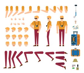 Tourist male character creation kit - isolated set of body parts, hand gestures, face emotions and travel accessories. Flat cartoon vacation traveller, vector illustration.