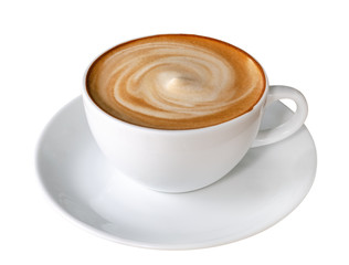 Hot coffee latte cappuccino spiral foam isolated on white background, clipping path included