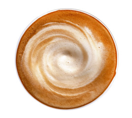Top view of hot coffee latte cappuccino spiral foam isolated on white background, clipping path included
