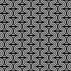 Fototapeta premium Seamless pattern with circles and striped black white straight lines. Optical illusion effect. Geometric tile in op art style. Vector illusive background for cloth, textile, print, web.