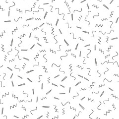 Seamless minimalist pattern. Geometric background with shapes, lines. Black and white color. Retro style 80s-90s.