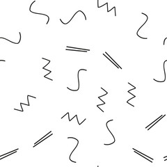 Seamless minimalist pattern. Geometric background with shapes, lines. Black and white color. Retro style 80s-90s.