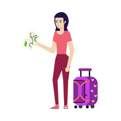 Young woman in summer clothing with purple travel suitcase, plastic bag looking at map smiling. Happy female character, traveller, tourist going to vacation. Vector illustration