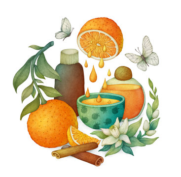 Orange essential oil. Illustration with flowers, fruits and bottles.
