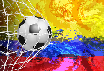 Soccer ball against the background of the Colombia flag of paint blots