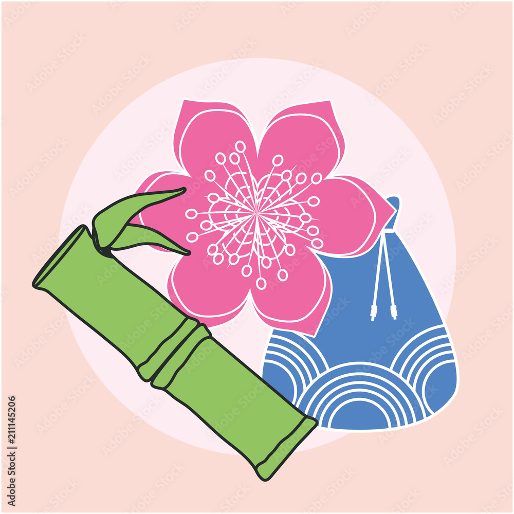 Sticker bamboo stick with lucky bag and flower over pink background, colorful design. vector illustration