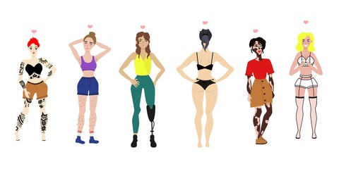 Body positive women set. young female characters with vitiligo skin disease, leg prosthesis handicap, tattoo all the body, cellulitis and excessive hair on legs, armpit. Vector flat illustration