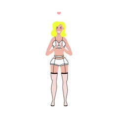 Smiling happy young woman in sexy underwear lingerie, white stocking standing with heart gesture by her hands. Body positive concept. Vector flat isolated illustration