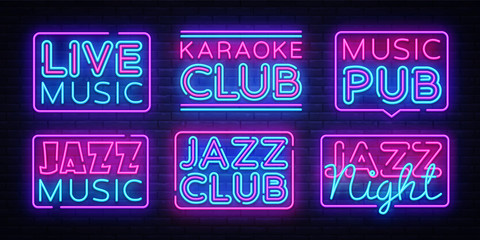 Big collection Live Music neon signs vector. Jazz Music design template neon sign, light banner, neon signboard, nightly bright advertising, light inscription. Vector illustration
