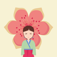 Cartoon asian girl wearing a kimono over pink blossom and yellow background, colorful design. vector illustration