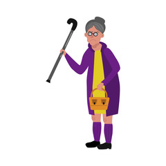 Old woman walking with cane, wicker basket in glasses, rubber boots and coat with angry dissatisfied face emotion. Elderly senior female characterm grandmother unhappy face. Vector flat illustration
