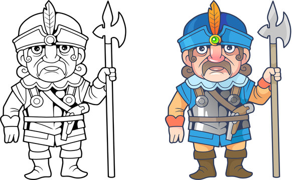 cartoon funny Polish warrior, illustration coloring book