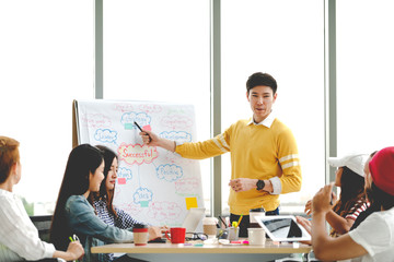 Young asian creative businessman standing and making presentation at modern office happy talking and brainstorming with team by pointing ideas on flipchart. Casual people business meeting concept.