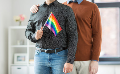 gay pride, lgbt and homosexual concept - close up of happy smiling male couple with rainbow flags