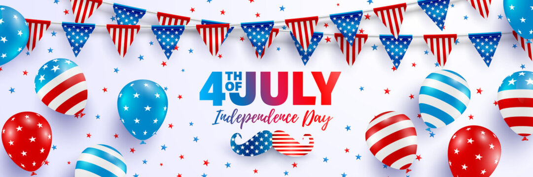 4th of July poster template.USA independence day celebration with balloons and garland of american triangle flag.USA 4th of July promotion advertising banner template for Brochures,Poster or Banner