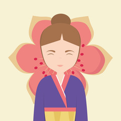 Cartoon asian girl wearing a kimono over pink blossom and yellow background, colorful design. vector illustration