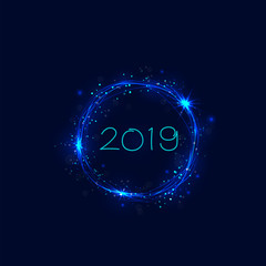 Happy New Year 2019.Vector illustration for holiday design.Party poster.Greeting card,banner or invitation template.Abstract burning circles with glitter swirl trail effect.Glowing lights