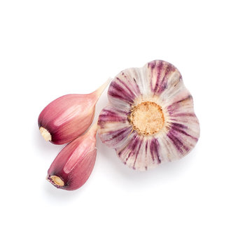 Pink garlic on a clean white background close-up..