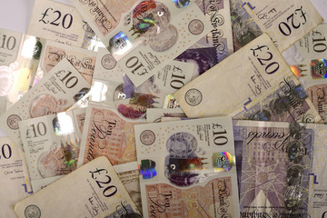 A large number of UK currency twenty and ten pound banknotes as a background image.