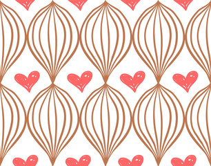 Geometric simple sketh drawn hand seamless pattern with red hearts. For wallpapers, web background, textile, wrapping, fabric, kids design. Scandinavian style