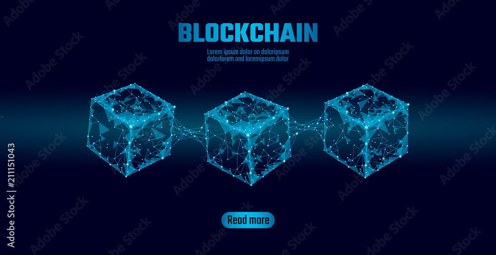 Poster blockchain cube chain symbol on square code big data flow information. blue neon glowing modern tren