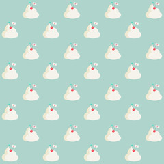 Fototapeta premium Pattern based on a kawaii Summer illustration of a cherry fruit placing a cherry flag on the top of a mountain made of sweet whipped cream. Background is candy light green. A real conquerer!