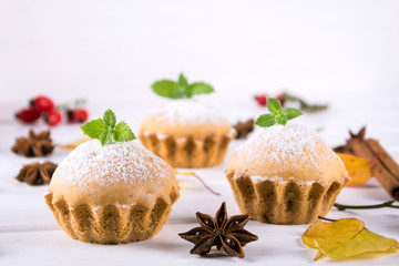 Homemade baking in autumn style. Delicious cupcakes on a wooden board with cinnamon sticks, anise stars, pumpkins and berries of rosehip. On white background.