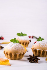 Homemade baking in autumn style. Delicious cupcakes on a wooden board with cinnamon sticks, anise stars, pumpkins and berries of rosehip. On white background.