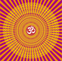 Graphic mandala with Aum / om / ohm sign in yellow, orange, purple colors. Spiritual symbol. Laced Ornament. Vector picture