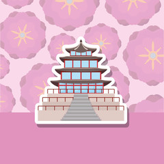 iconic building of asia over floral background, colorful design. vector illustration