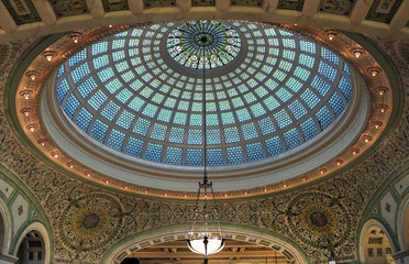 Chicago, Illinois, USA - June 22, 2018 - View of the interior and of the dome at the Chicago Cultural Center. © Jbyard