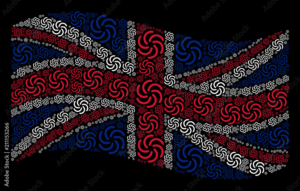 Poster waving uk flag on a black background. vector galaxy elements are placed into conceptual uk flag abst
