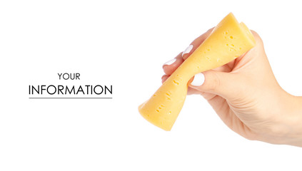 A slice of cheese in a hand pattern on a white background isolation