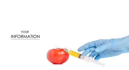 Syringe in the hands of tomato pattern on a white background isolation