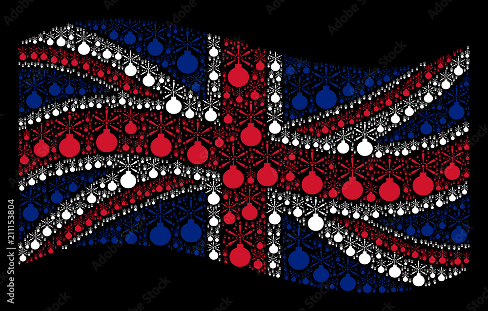 Aufkleber waving uk state flag on a black background. vector fireworks detonator elements are arranged into mo
