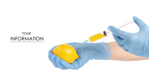 Syringe in the hands of lemon medical toxic pattern on a white background isolation