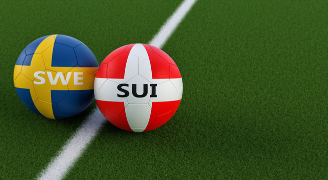 Switzerland vs. Sweden Soccer Match - Soccer balls in Switzerland and Sweden national colors on a soccer field. Copy space on the right side - 3D Rendering 