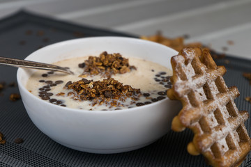 Breakfast - granola with soy milk and waffles