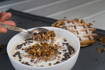 Breakfast - granola with soy milk and waffles