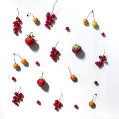 on white background red currant pattern twigs and berries strawberries cherry cherry square summer