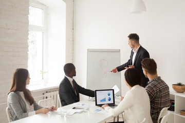 Confident Caucasian speaker making presentation on flipchart in front of diverse colleagues during board meeting, talking about shares and sales, coach mentoring employees. Concept of leadership