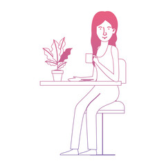 woman in the table drinking coffee with house plant vector illustration design